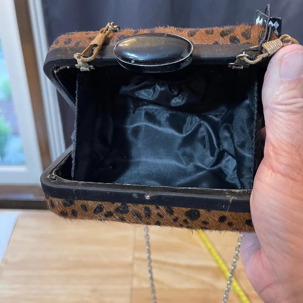 NEW Leopard Print‎ Calf Hair Box Clutch Chain Strap Brown Black Evening Bag